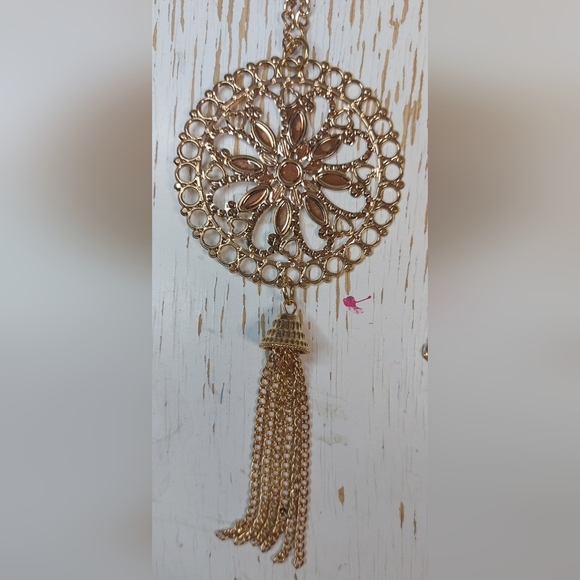 Single Gold Chain Long Necklace with Gold Sun Medallion Pendant & Tassel - Picture 5 of 8